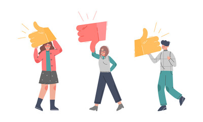 Obraz premium Young Man and Woman Holding Thumb Up and Down Sign as Notification of Approval and Disapproval Vector Set