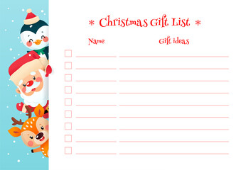 Christmas Gift List template. Cute organizer with a funny cartoon Santa Claus, a little deer and a penguin. Vector 10 ESP.