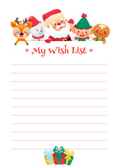 Christmas Wish List template. Cute organizer with a funny cartoon Santa Claus, an elf, a gingerbread man, a snowman and a little deer. Vector 10 ESP.