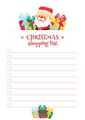Christmas Shopping List template. Cute organizer with a funny cartoon Santa Claus and gift boxes. Vector 10 ESP.