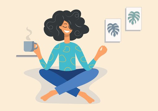 A young woman sits in a lotus position and practices yoga on a beige background. Cheerful brunette meditates while drinking coffee at home. Vector cartoon flat design. Modern template for yoga day.