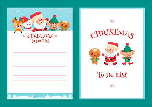 Christmas To Do List template. Cute organizer with a funny cartoon Santa Claus, an elf, a gingerbread man, a snowman and a little deer. Vector 10 ESP.