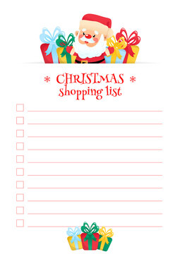 Christmas Shopping List template. Cute organizer with a funny cartoon Santa Claus and gift boxes. Vector 10 ESP.