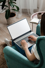 Young woman using laptop screen blank, mock up, work home