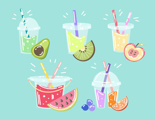Plastic cups with smoothies vector illustrations set. Different natural flavors of juices or fruit drinks, kiwi, watermelon, orange isolated on blue background. Summer, beverage concept