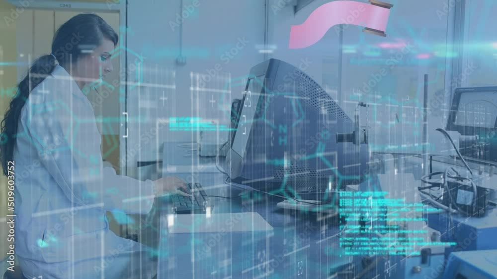 Poster animation of digital data processing over female scientist using computer