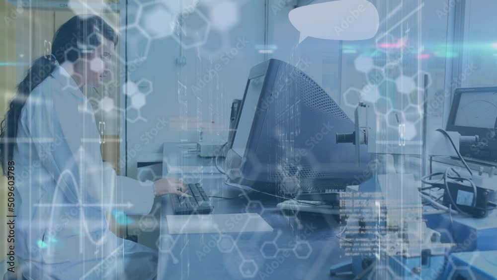 Poster animation of digital data processing over female scientist using computer