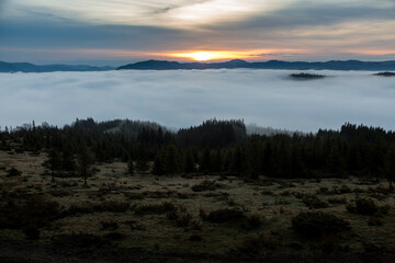 Forests and valleys in the clouds during sunrise in the mountains, Carpathians, Smotrych