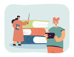 Student with tablet training in school or online courses. Tiny female teacher standing near books flat vector illustration. Virtual lesson concept for banner, website design or landing web page