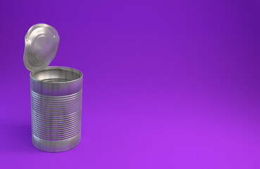3d illustration, open can, purple background, copy space, 3d rendering