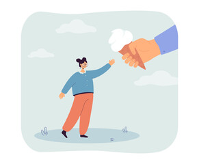 Hand of adult giving vanilla ice cream cone to cute girl. Tiny happy kid reaching for summer dessert flat vector illustration. Sweet food concept for banner, website design or landing web page