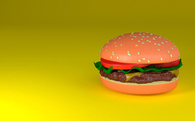 3d illustration, hamburger, yellow background, copy space, 3d rendering