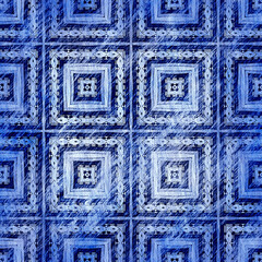 Indigo blue grunge wash linen print pattern. Modern rustic nantucket distressed fabric textile effect background in nautical maritime style. Masculine tie dye worn home deco fashion geometric design