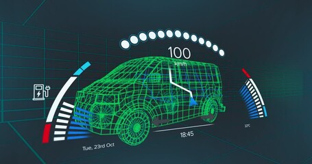 Animation of speedometer over electric van project on navy background - Powered by Adobe