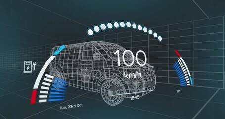 Animation of speedometer over electric van project on navy background - Powered by Adobe