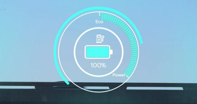 Animation of battery level over timelapse with cars on blue background