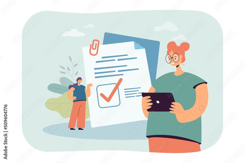 Wall mural woman using mobile app to fill out survey online. tiny person standing near check mark on document f