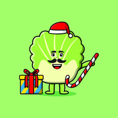 cute cartoon chinese cabbage santa clause character is bringing candy cane and boxes christmas illustration  