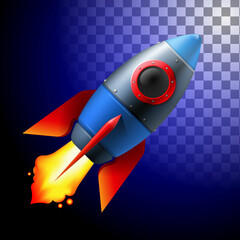 Rocket icon, 3d cartoon style, minimal spaceship. Toy rocket upswing, spewing fire. Startup, space, business concept