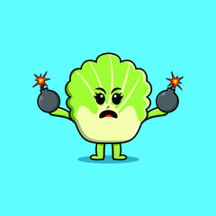 Cute cartoon chinese cabbage holding bomb with scared expression in 3d modern style design