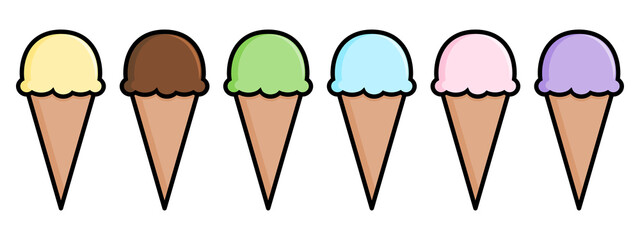 Cartoon ice-cream cone icon. Collection of ice cream in the cone waffle, different flavor. Ice vector illustration isolated on white background.