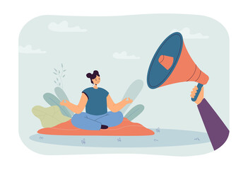 Huge hand holding megaphone and woman meditating. Announcement for yoga lessons flat vector illustration. Advertisement, marketing, yoga, mindfulness concept for banner, website design or landing page