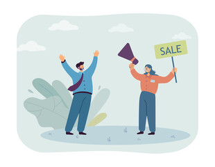 Woman holding megaphone for announcing sales to audience. Public marketing announcement for businessman flat vector illustration. Announcement concept for banner, website design or landing web page