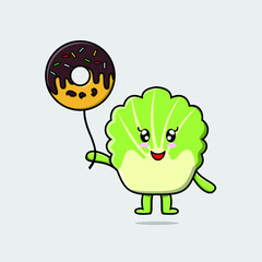 Cute cartoon chinese cabbage floating with donuts balloon cartoon vector illustration 