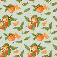 Watercolor orange fruit seamless pattern. Orange branch in bloom. A slice of citrus. Gentle summer background for menus, textiles and stationery and packaging.