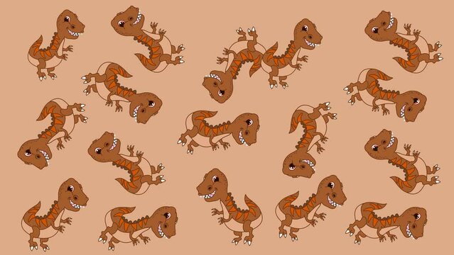 Several brown dinosaurs in random movements on a brown and green background - animation