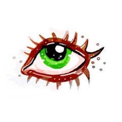 An eye drawn with markers. Eye makeup, beautiful style. The gray-blue eye is isolated. Trace of the author's image.