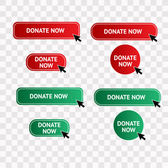 Donate now a set of buttons isolated transparent on the background. With the arrow click here.