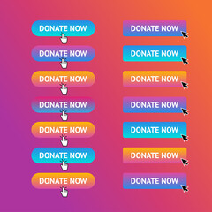 Donate now a set of buttons isolated transparent on the background. With the arrow click here.