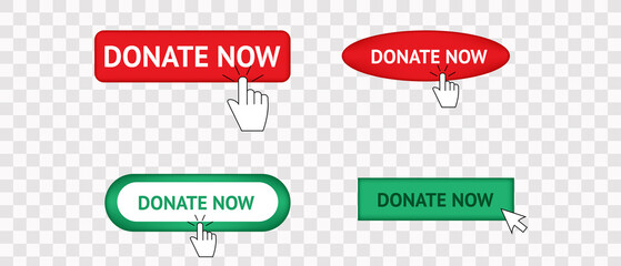 Donate now a set of buttons isolated transparent on the background. With the arrow click here.