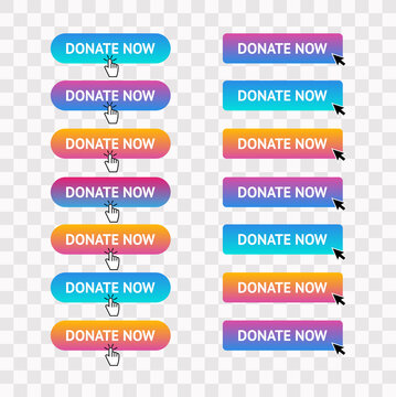 Donate now a set of buttons isolated transparent on the background. With the arrow click here.