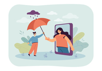 Woman holding out umbrella from phone screen to tiny girl. Female friend protecting from rain flat vector illustration. Friendly care and help concept for banner, website design or landing web page