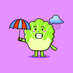 Cute cartoon chinese cabbage character in the rain and using an umbrella in 3d modern style design