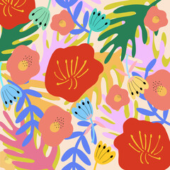 Naklejka premium Summer hibiscus flower colorful hand drawing illustration and fresh floral blossom