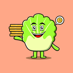 Cute cartoon chinese cabbage character holding in stacked gold coin vector illustration in concept 3d cartoon style