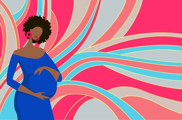 A beautiful pregnant girl holds her hands on her stomach. Happy pregnancy. Flat cartoon vector illustration. Bright background. - 509606521