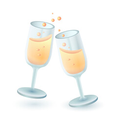 3d cartoon style glasses of champagne icon on white background. Realistic clinking wineglasses of sparkling wine flat vector illustration. Alcoholic drink, congratulation, party, cheer concept