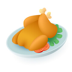 3d cartoon style fried chicken on plate icon. Roasted chicken with lettuce leaves and slices of tomatoes flat vector illustration. Food, poultry, restaurant, dinner concept