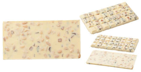 White chocolate bar with nuts and candied fruit. Top and bottom view of chocolate isolated on white background.