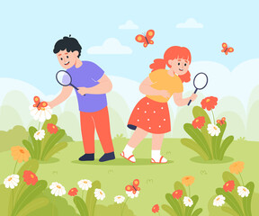 Obraz na płótnie Canvas Children studying insects and flowers with magnifying glass. Curious school boy and girl exploring forest, park, garden flat vector illustration. Education, nature, spring or summer, discovery concept