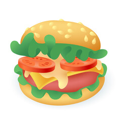 3d cartoon style delicious burger icon on white background. Hamburger or cheeseburger with fresh vegetables flat vector illustration. Fast or junk food, unhealthy diet concept