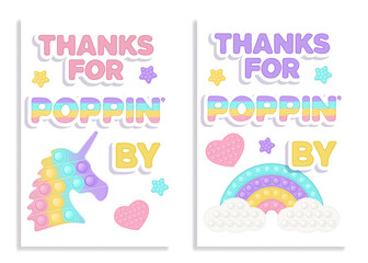 Set of two Birthday favor tags popi it fidget toy vector design with illustrations and text. Happy Birthday gift printable cards or labels in pastel popit style. Unicorn design as a trendy silicone