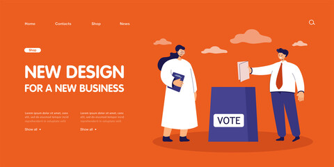 Voter holding paper voting ballot in hand for election. People standing at vote box flat vector illustration. Democracy, referendum choice concept for banner, website design or landing web page - obrazy, fototapety, plakaty