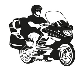 Black and white motorcyclist. Biker on a big modern motorcycle. Vector graphics