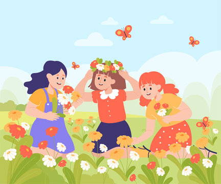 Cute cartoon girls picking flowers on lawn or meadow. Kids with beautiful plants outdoors flat vector illustration. Spring, childhood, nature concept for banner, website design or landing web page