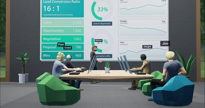 POV Person using VR headset during a business meeting in a virtual metaverse office, discussing company financial sales report stats. Generic 3d rendering